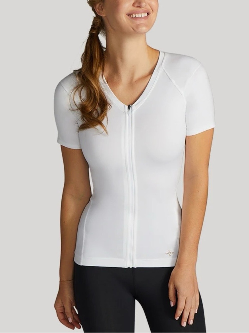 Women’s Tommie Copper Full Back Support White Short-Sleeve Zip Front Top